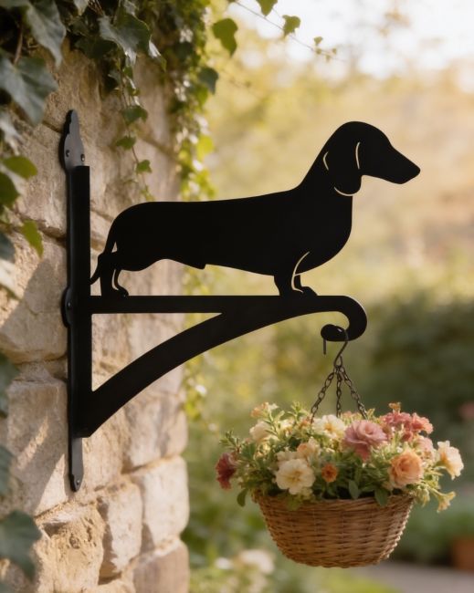 Digital illustration of the Dachshund Hanging Basket Bracket Mounted on a Brick Wall