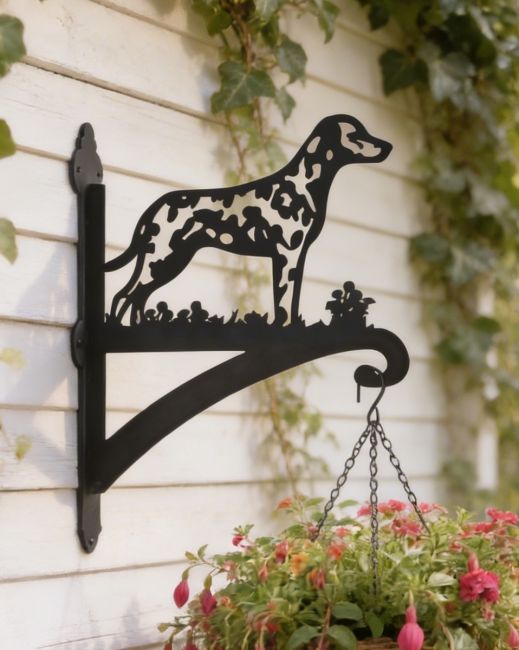 Digital Illustration of the Dalmatian Dog Iron Hanging Basket Bracket Mounted on a Shed
