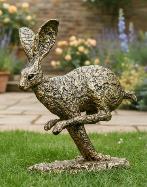 Digital illustration of "Diggory" the Sprinting Hare Garden Sculpture on a Garden Lawn with Flowers in the Background