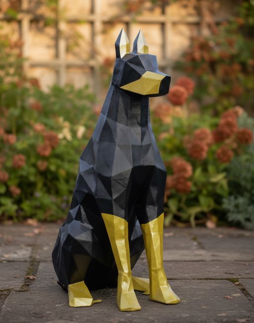 Digital Illustration of ‘Duke’ the Sitting Doberman Upcycled Oil Drum Garden Sculpture Sat in a Walled Garden
