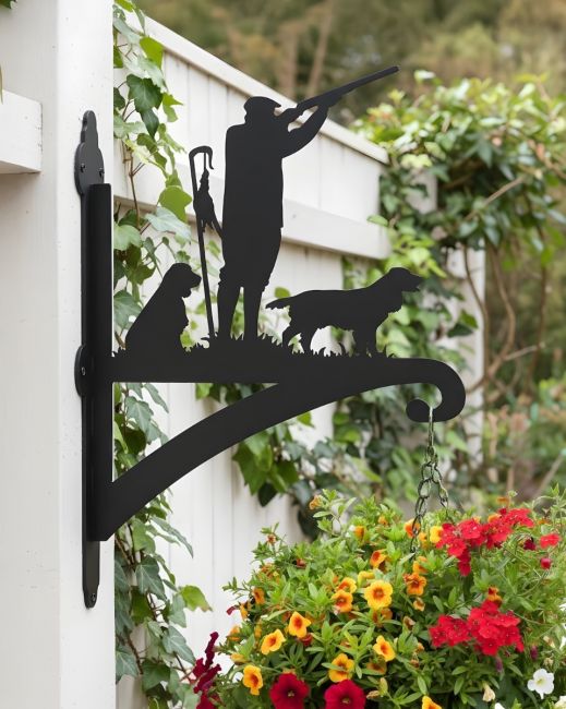 Digital Illustration of Game Season "Springer Spaniel" Iron Hanging Basket Bracket Mounted on a White Fence