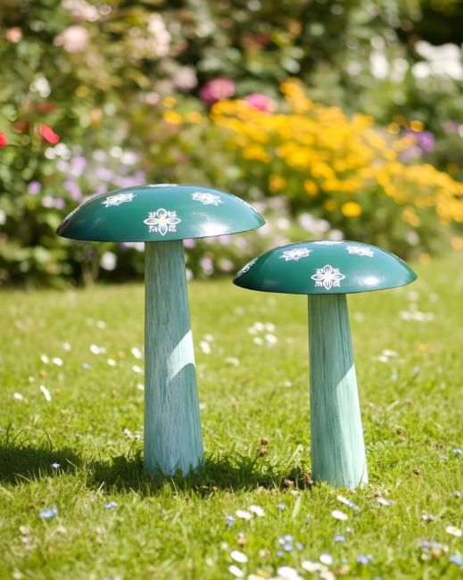 Green Hand Painted Mushroom Sculpture in Situ
