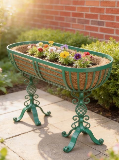 Digital Illustration of the Green "Highgate" Free Standing Trough Planter in Situ in the Garden Holding Colourful Flowers