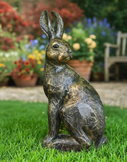 Digital illustration of a "Hawthorne" the Sitting Hare Resin Garden Sculpture in Front of a Garden Bench and Flower Pots