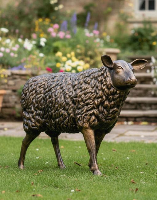 Digital Illustration of Life Size "Spencer" Sheep Sculpture on a Garden Lawn in Front of Stepped Garden Path