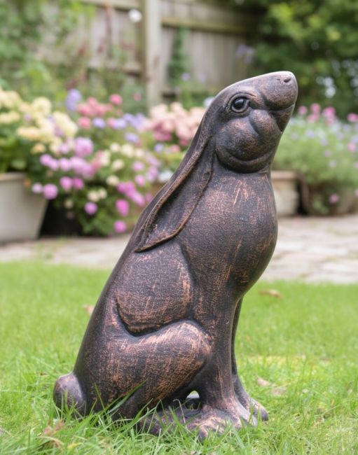 Digital illustration of ‘Meadow’ Cast Aluminium Large Rabbit Looking Up - Bronze in a garden