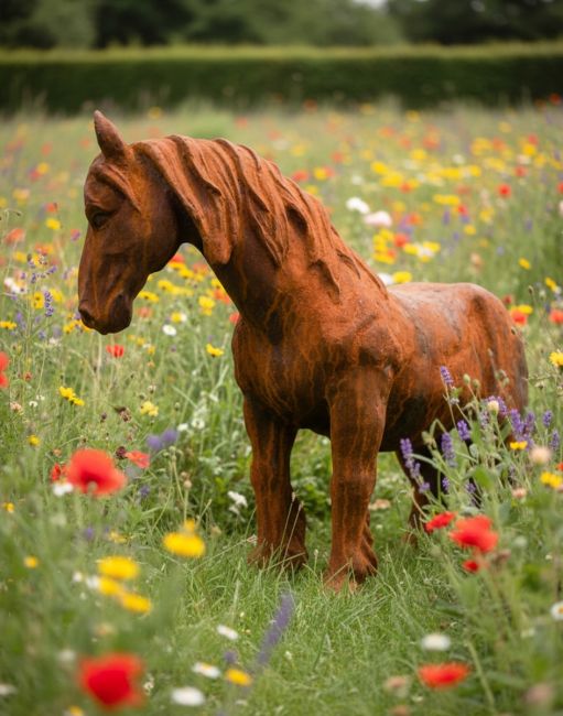 Digital illustration of Miniature Pony Facing Right Rustic Cast Iron Sculpture in wild flower meadow