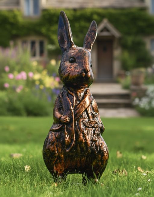 Digital illustration of Mr Rabbit Bronze & Copper Sculpture in Front of a Cottage Garden
