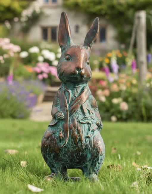 Digital illustration of a verdigris Mr Rabbit Sculpture in a cottage garden