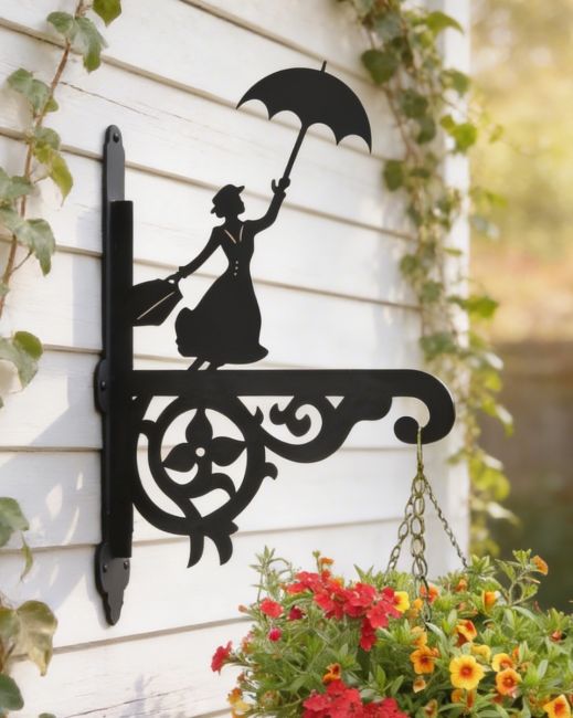 Digital illustration of Ornate Flying Nanny Iron Hanging Basket Bracket mounted on a shed