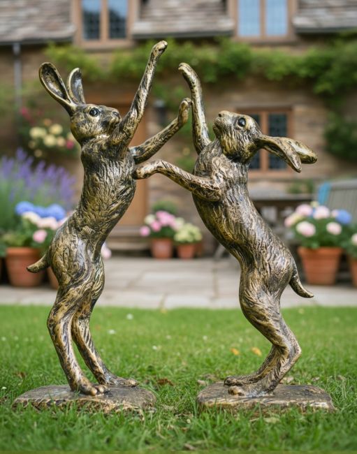 Digital illustration of Brushed Gold Boxing Hares Sculpture on a Garden Lawn