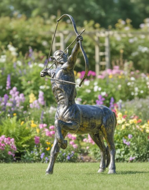 Digital illustration of Recycled Cast Aluminium Brushed Gold "Archer" Centaur Sculpture in a garden