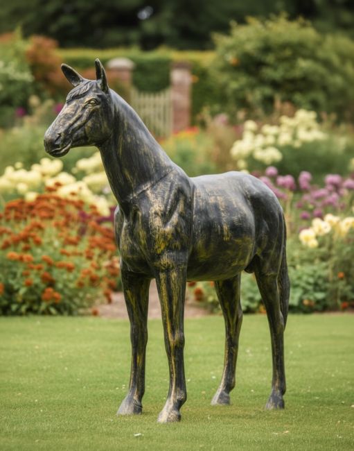 Digital illustration of Recycled Cast Aluminium Brushed Gold "Secretariat" Horse Sculpture in a garden