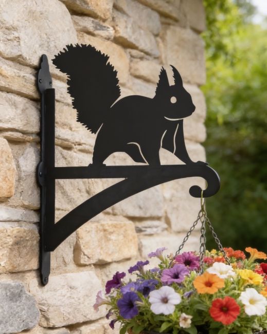 Digital illustration of Red Squirrel Hanging Basket Bracket mounted on a stone wall