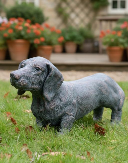 "Rolo" the Sausage Dog Cast Aluminium Garden Sculpture - Verdigris main image