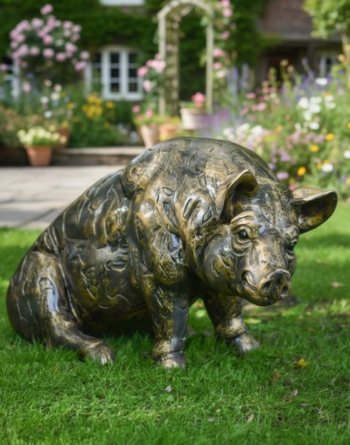 Digital illustration of a "Roscoe" the Pig Garden Sculpture on a garden lawn