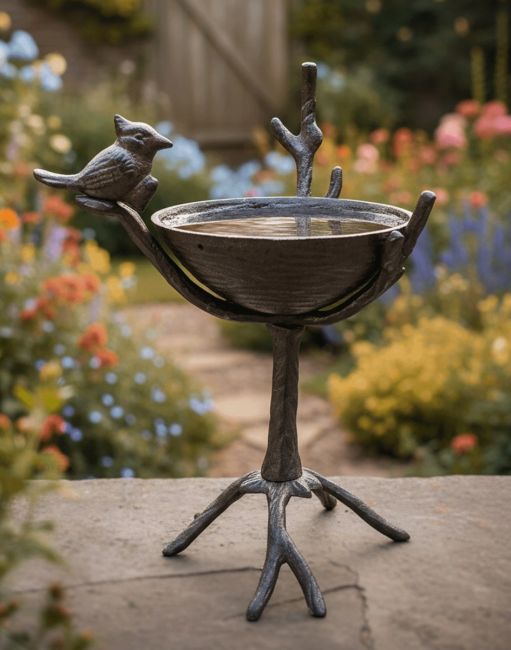 Digital Illustration of Rustic "Bird Sitting On Branch" Bird Bath & Feeder on a Garden Pathway