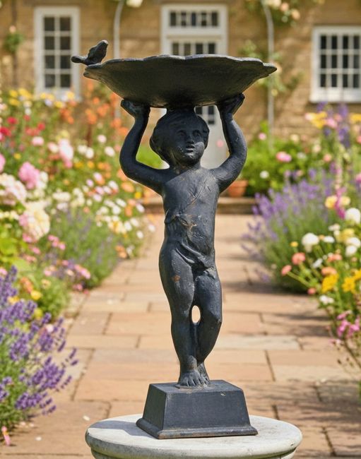 Digital Illustration of Rustic Black Cherub Bird Bath as a Garden Focal Point on a Pathway