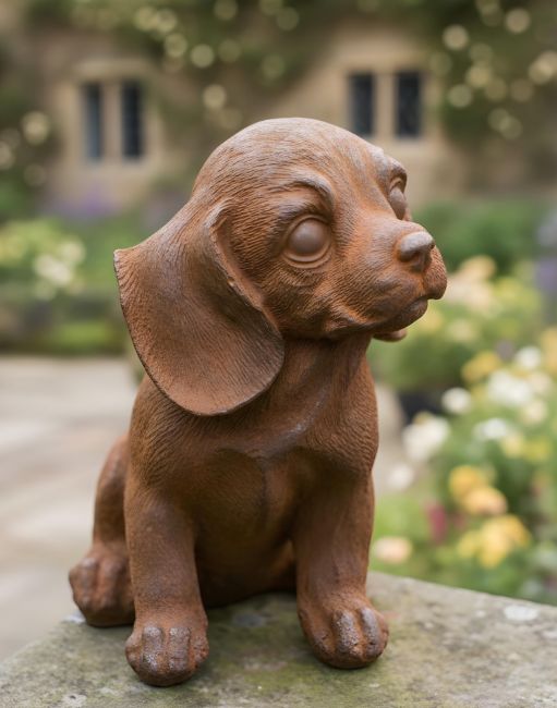 Digital illustration of Rustic Cast Iron "Adorable Sitting Dog" Garden Sculpture - Head Up in a garden