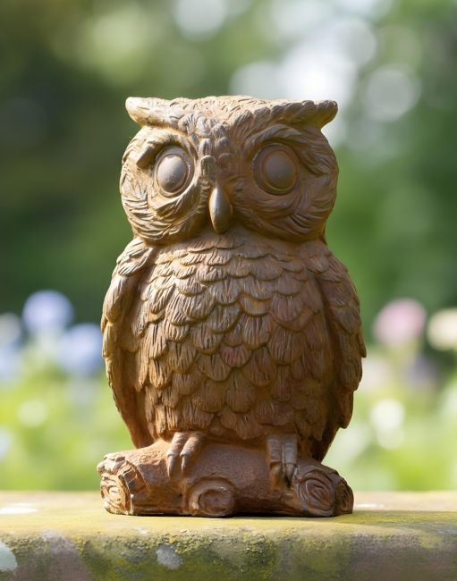 Digital illustration of Rustic Cast Iron "Horned Owl" Garden Sculpture in a garden Digital illustration of Rustic Cast Iron "Horned Owl" Garden Sculpture in a garden