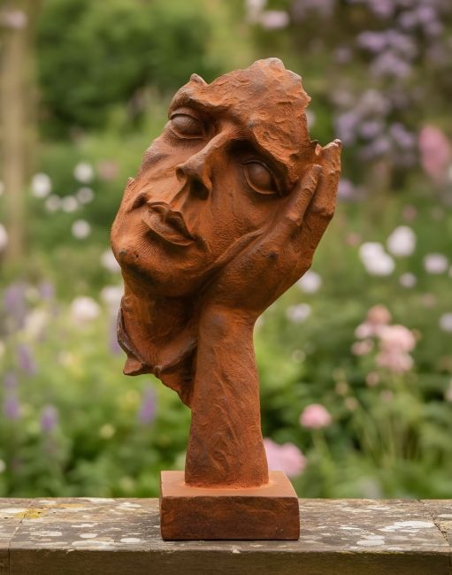 Digital illustration of Rustic Cast Iron Abstract "Listener" Sculpture on garden wall