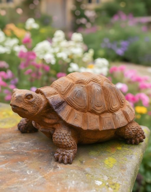 Digital illustration of Rustic Cast Iron Baby Tortoise Garden Sculpture in a garden
