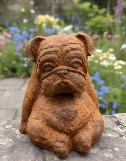Digital illustration of Rustic Cast Iron "Bentley" the Bulldog Sculpture sat on garden wall