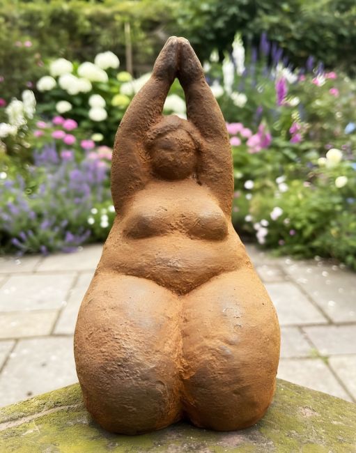 Digital illustration of Rustic Cast Iron "Cecilia" Sculpture in a flowery garden