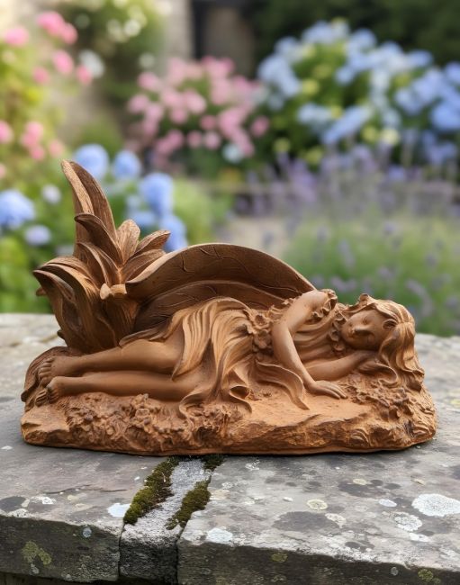 Digital illustration of Rustic Cast Iron "Celeste" Sleeping Fairy Sculpture on a garden wall