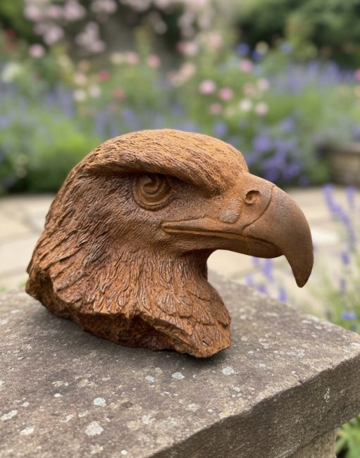 Digital illustration of Rustic Cast Iron Eagle Bust Sculpture on a garden wall