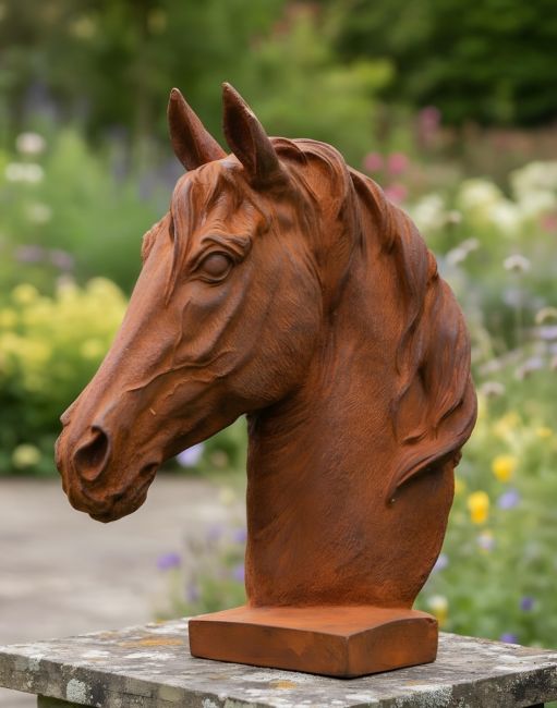 Digital illustration of Rustic Cast Iron Horse Bust close up in a garden