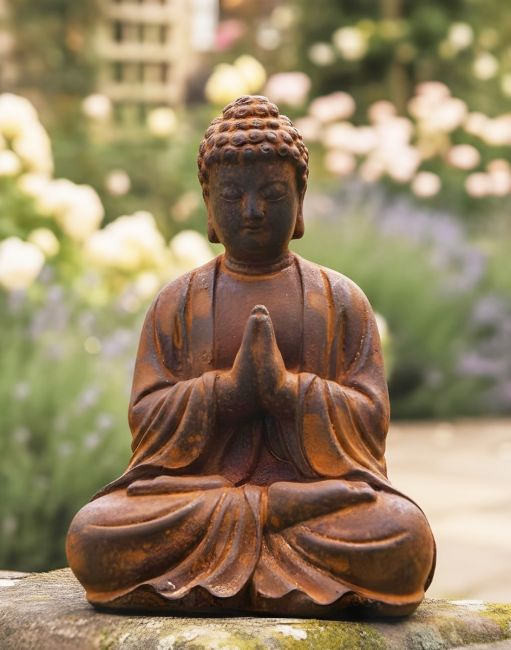 Digital illustration of Rustic Cast Iron Praying Buddha Sculpture on a wall