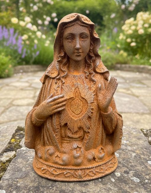 Digital illustration of Rustic Cast Iron Sacred Heart Madonna Sculpture in front of patio