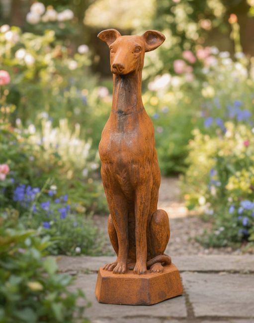 Digital Illustration of Rustic Cast Iron Sitting Greyhound Sculpture in a Wild Flower Garden Digital Illustration of Rustic Cast Iron Sitting Greyhound Sculpture in a Wild Flower Garden