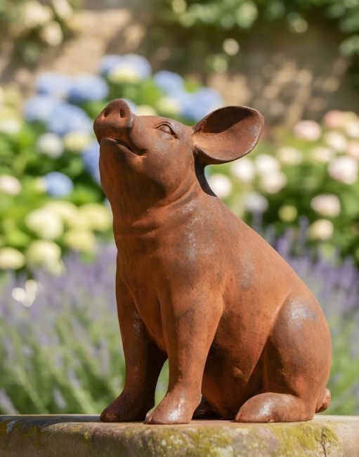 Rustic Cast Iron Sitting Piglet Sculpture