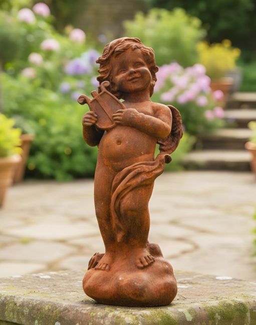 Winged Cherub with Harp Cast Iron Sculpture 