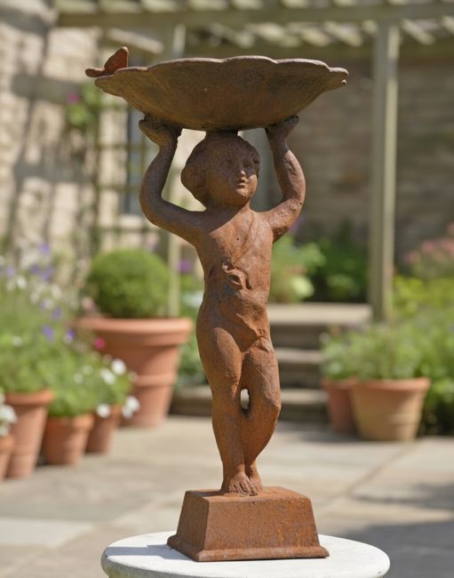 Digital illustration of Rustic Cherub Bird Bath in garden