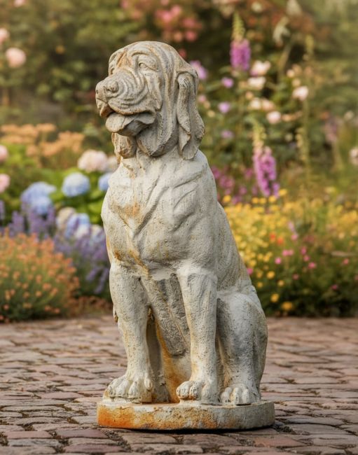 Cream Sitting Bloodhound Garden Sculpture in Situ