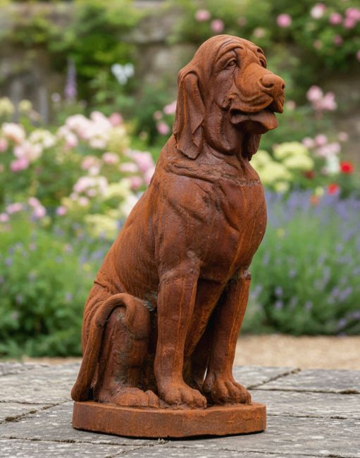 Digital Illustration of Rustic Finish Sitting Bloodhound Garden Sculpture on a Gardeen Pation in a Walled Garden