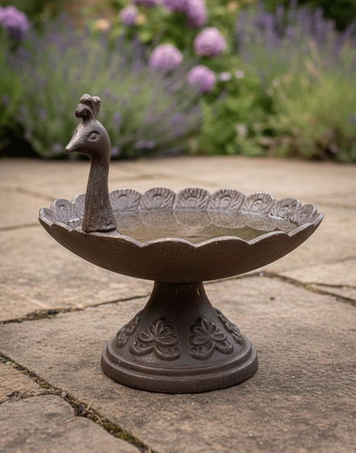 Peacock Design Bird Bath in a Rustic Finish