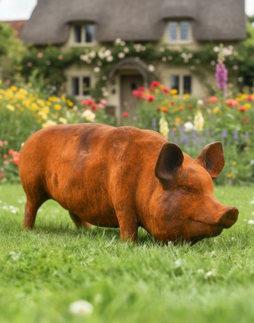 Digital illustration of a Rustic Pig Cast Iron Sculpture in a flowery cottage garden