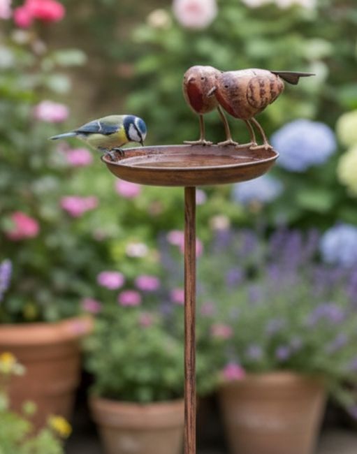 Digital Illustration of Rustic Robin Bird Feeder Filled with Fresh Water with a Blue Tit Bird Perched to the Side Having a Drink