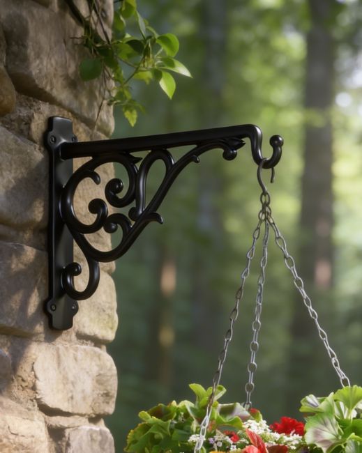 Digital illustration of Scroll Effect Hanging Basket Bracket 25 x 36cm mounted on a forest wall