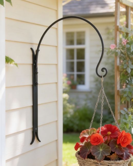 "Shepherds Crook" Hanging Basket Wall Bracket in Situ in the Garden