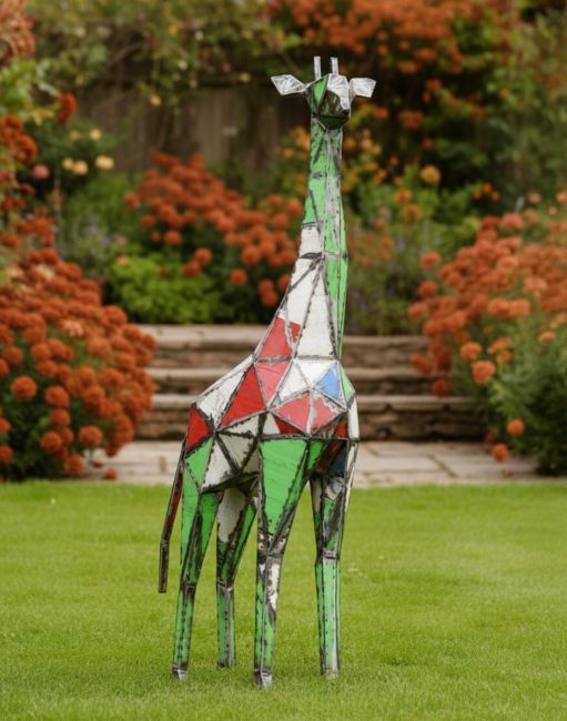 Digital Illustration of ‘Skye’ Upcycled Oil Drum Giraffe Sculpture on a Manicured Garden Lawn