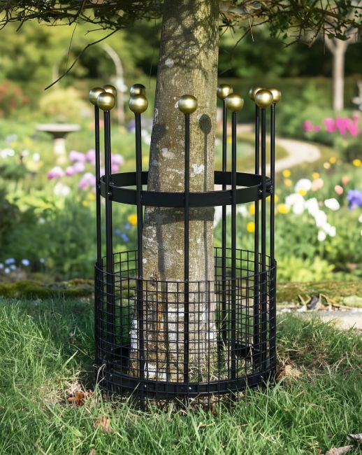 Digital illustration of small black and gold finish tree guard at base of a tree