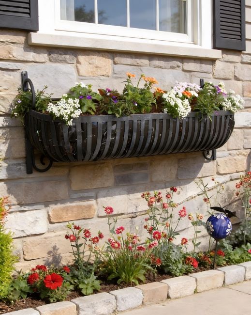 Digital illustration of the "Southlands" Hay Feeder Style Trough Planter in Situ Mounted on a Traditional Stone Wall