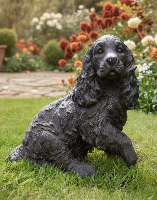 Digital Illustration of Springer Spaniel Garden Sculpture in a Flowery Garden with Pation Behind Digital Illustration of Springer Spaniel Garden Sculpture in a Flowery Garden with Pation Behind