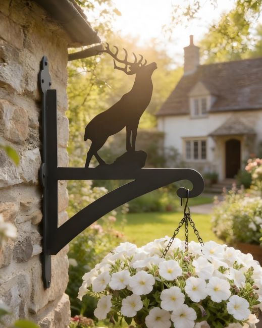 Digital Illustration of the Stag Hanging Iron Basket Bracket Mounted on a Stone Wall