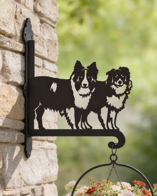 Digital Illustration of the Steel Border Collie Pair Hanging Basket Bracket Mounted on a Brick Wall